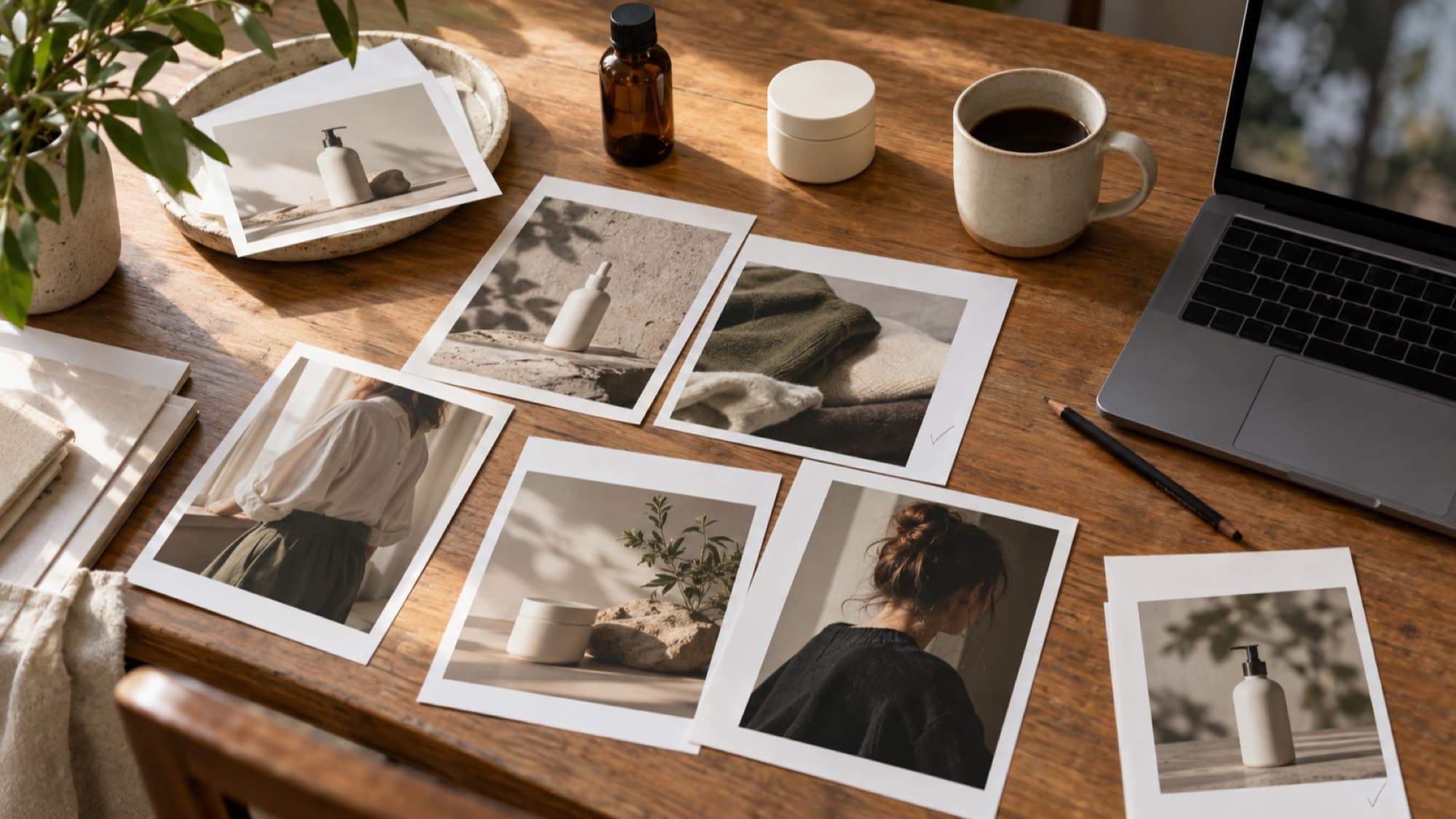 Printed ads laid out on a table, some marked with a pencil tick