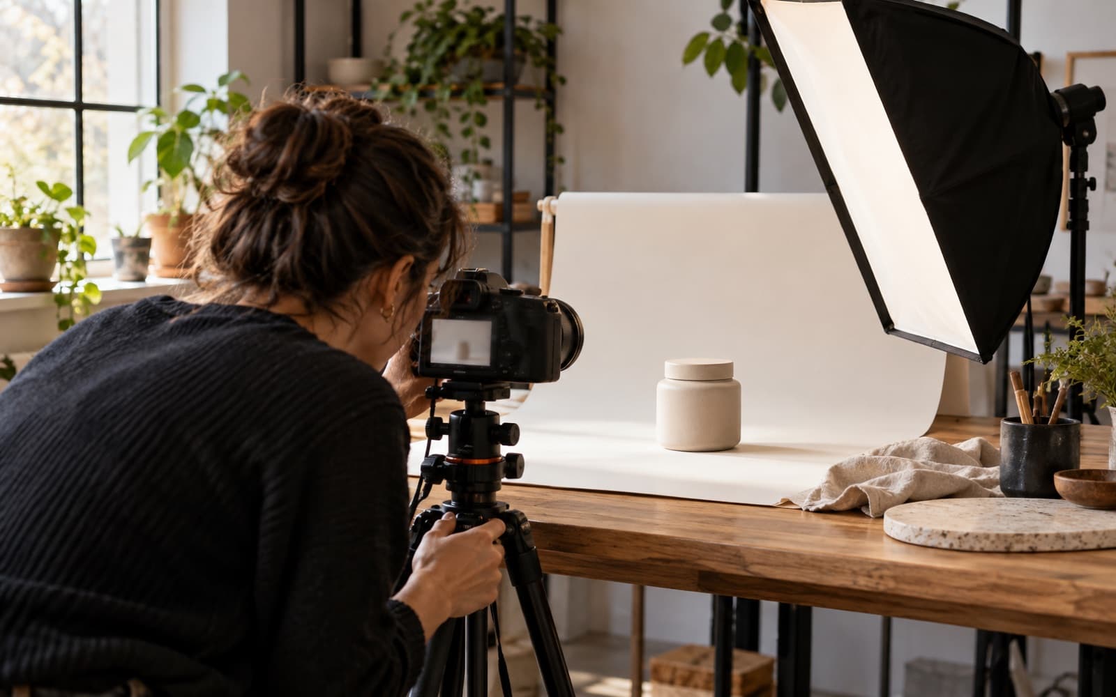 Product photo shoot with lights and a seamless backdrop