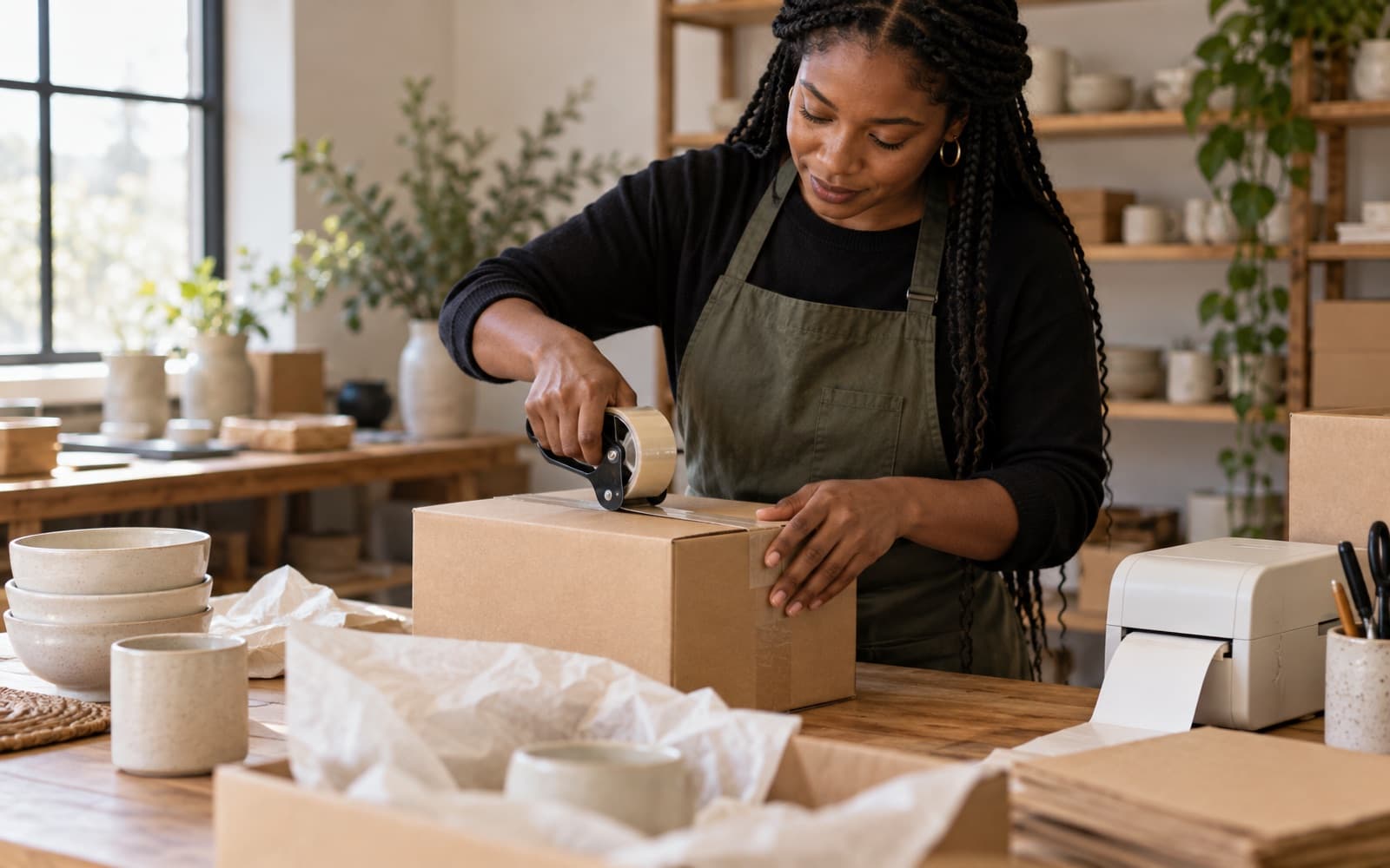 Small business owner packing an order at a desk