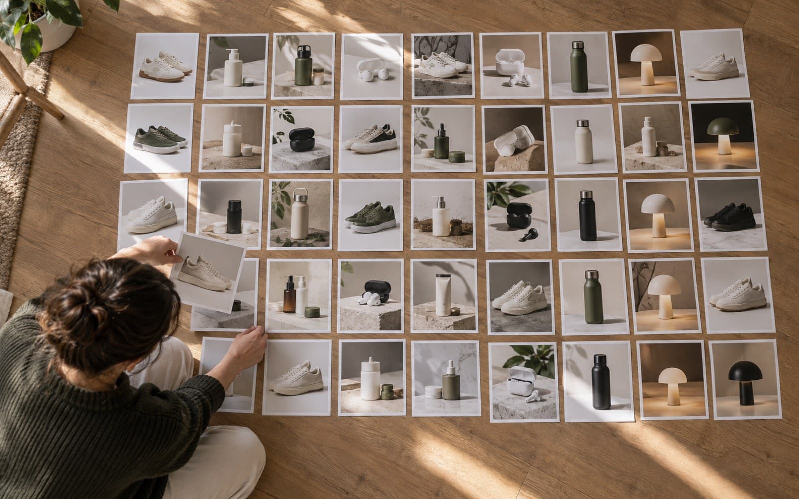 Rows of printed ad variations laid out on a table