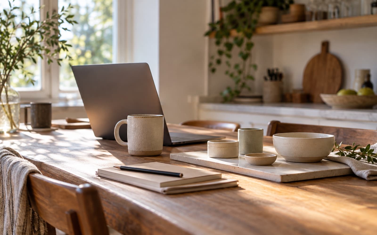 Laptop and notebook on a plain wooden desk
