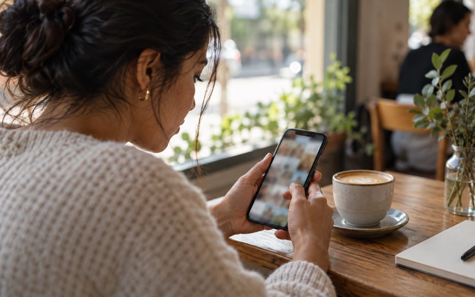 Phone showing an Instagram-style story beside products