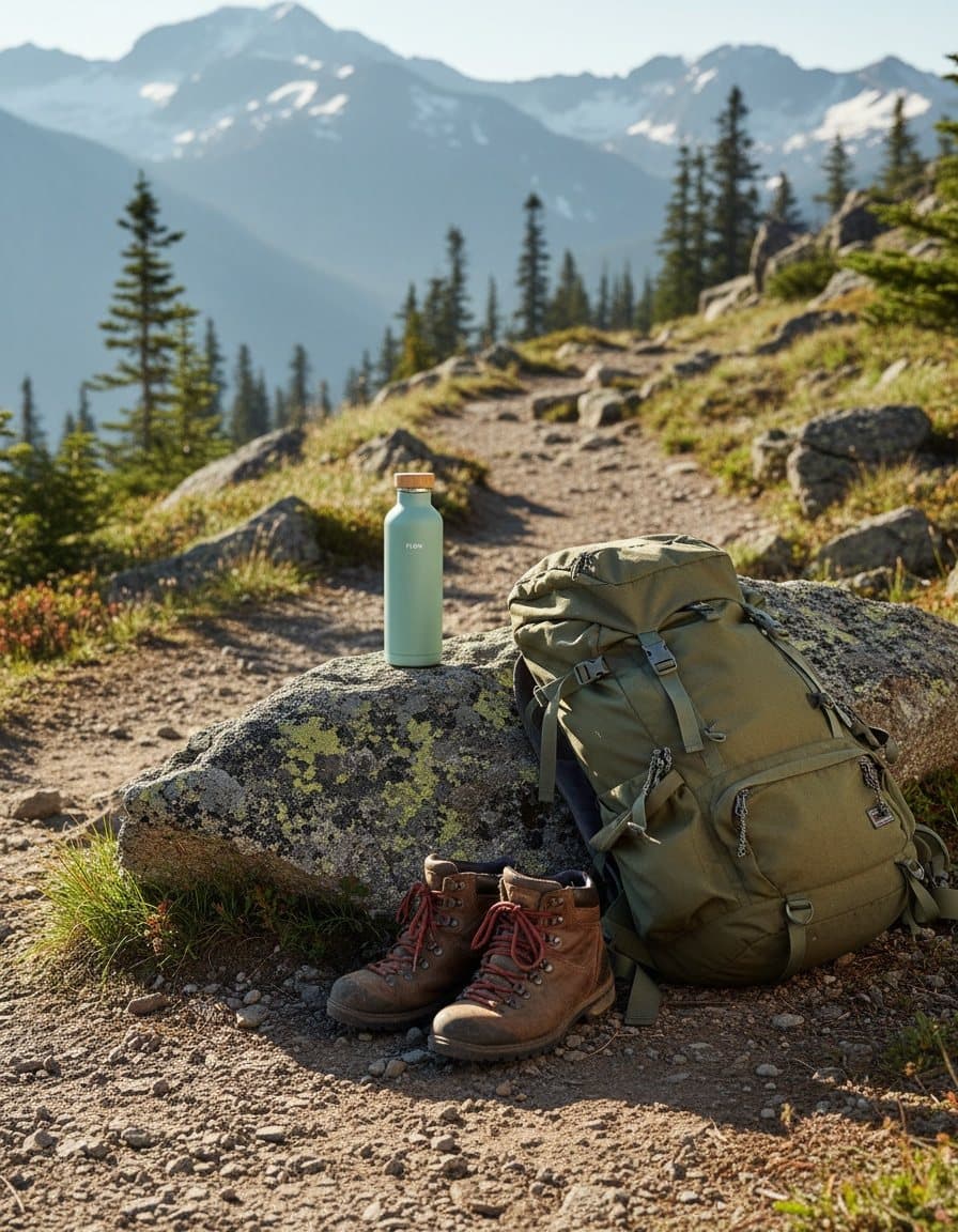 Lifestyle ad: the FLOW bottle on a mountain trail next to a backpack and hiking boots