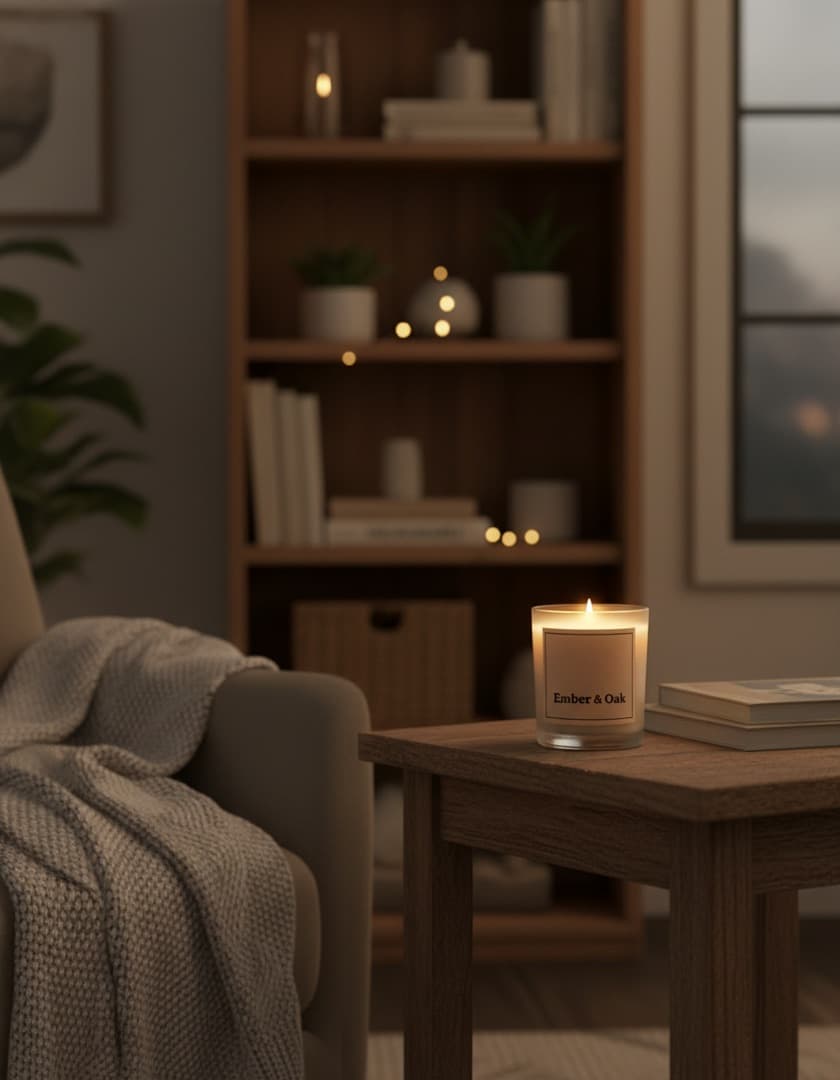 Lifestyle ad: the Ember & Oak candle on a side table in a dim living room with a throw