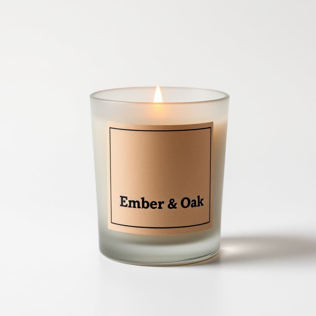 Plain product photo of a lit candle in frosted glass with an Ember & Oak label