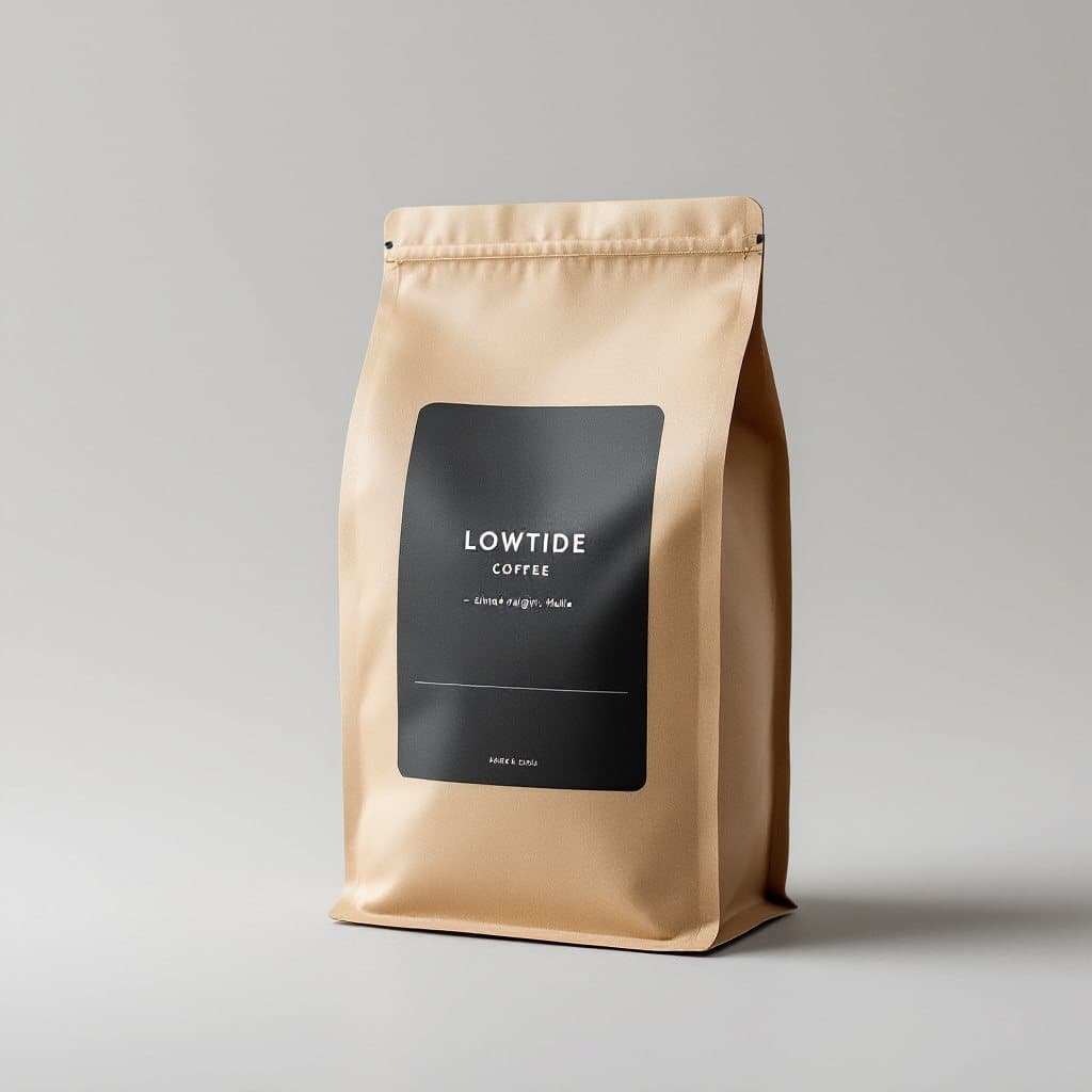 Plain product photo of a kraft coffee bag with a black LOWTIDE label
