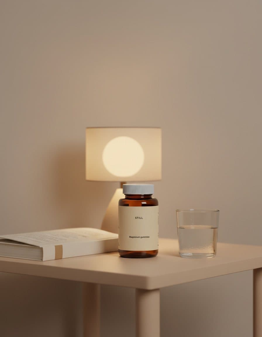 Lifestyle ad: the STILL jar on a nightstand under a lamp with a glass of water