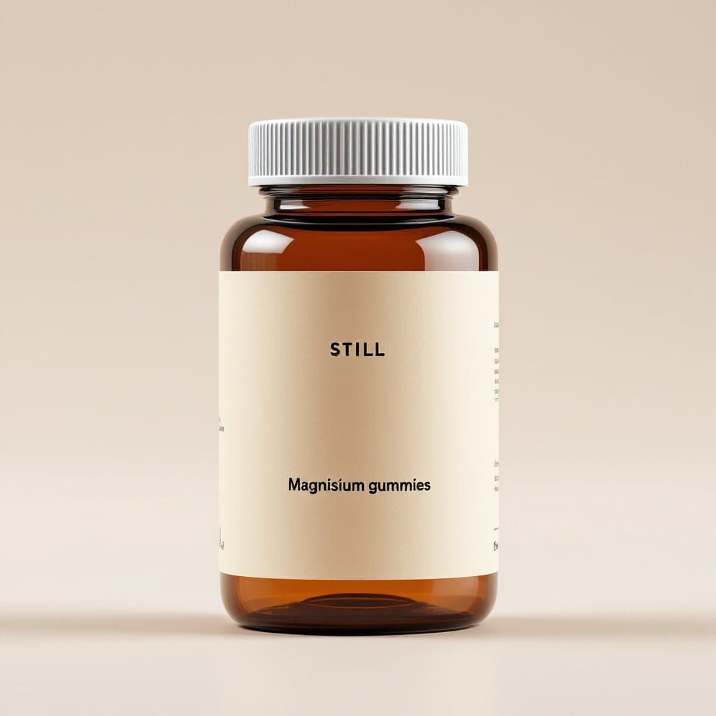 Plain product photo of an amber jar labelled STILL magnesium gummies