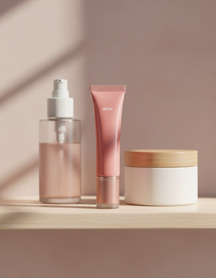 Lifestyle ad: the MUSE tube on a shelf beside a pump bottle and a cream jar