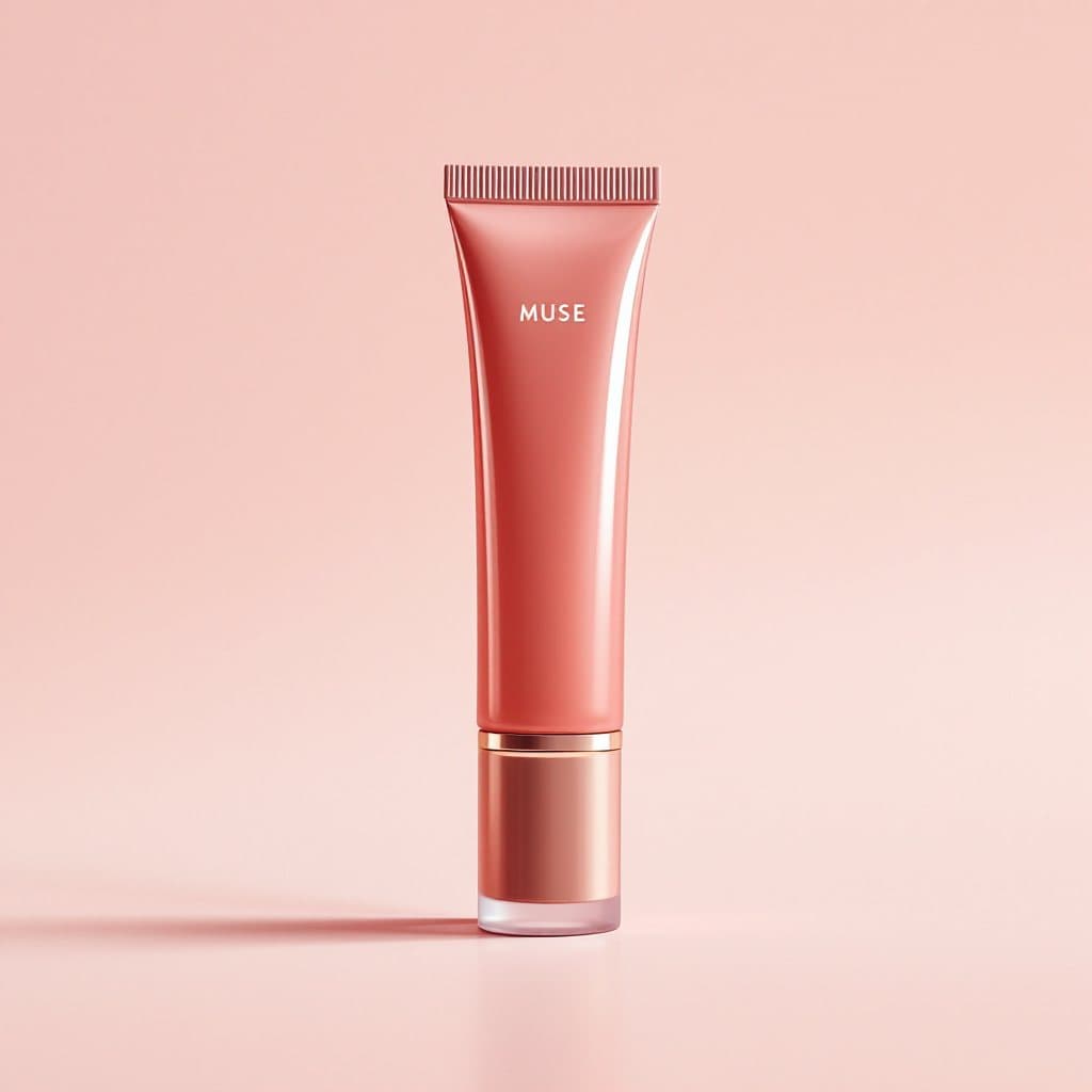 Plain product photo of a pink squeeze tube labelled MUSE on a pink background