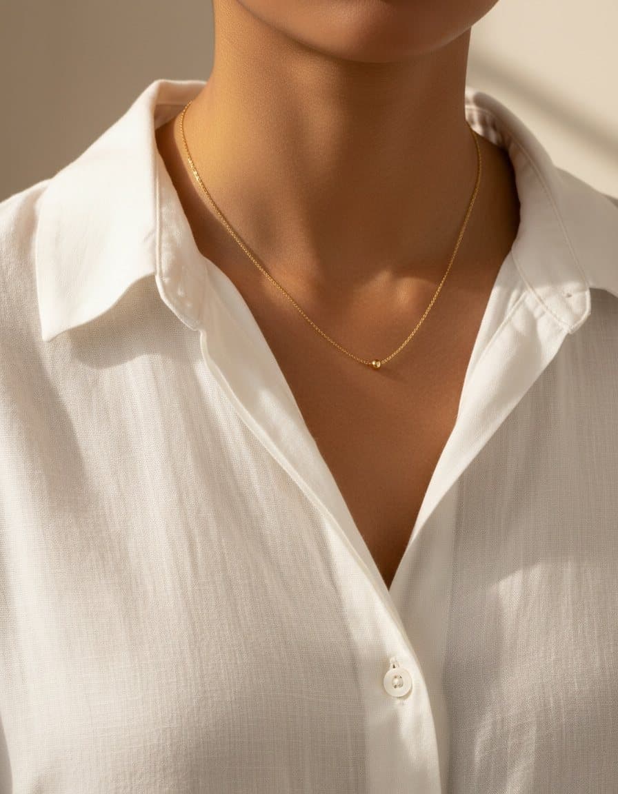 Lifestyle ad: a collarbone crop of a woman in a white shirt wearing the gold necklace