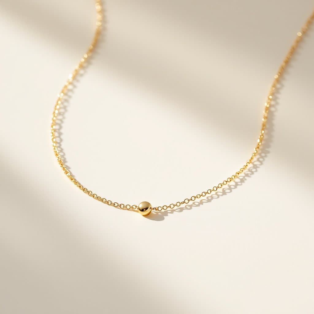 Plain product photo of a fine gold chain with a small bead pendant on cream