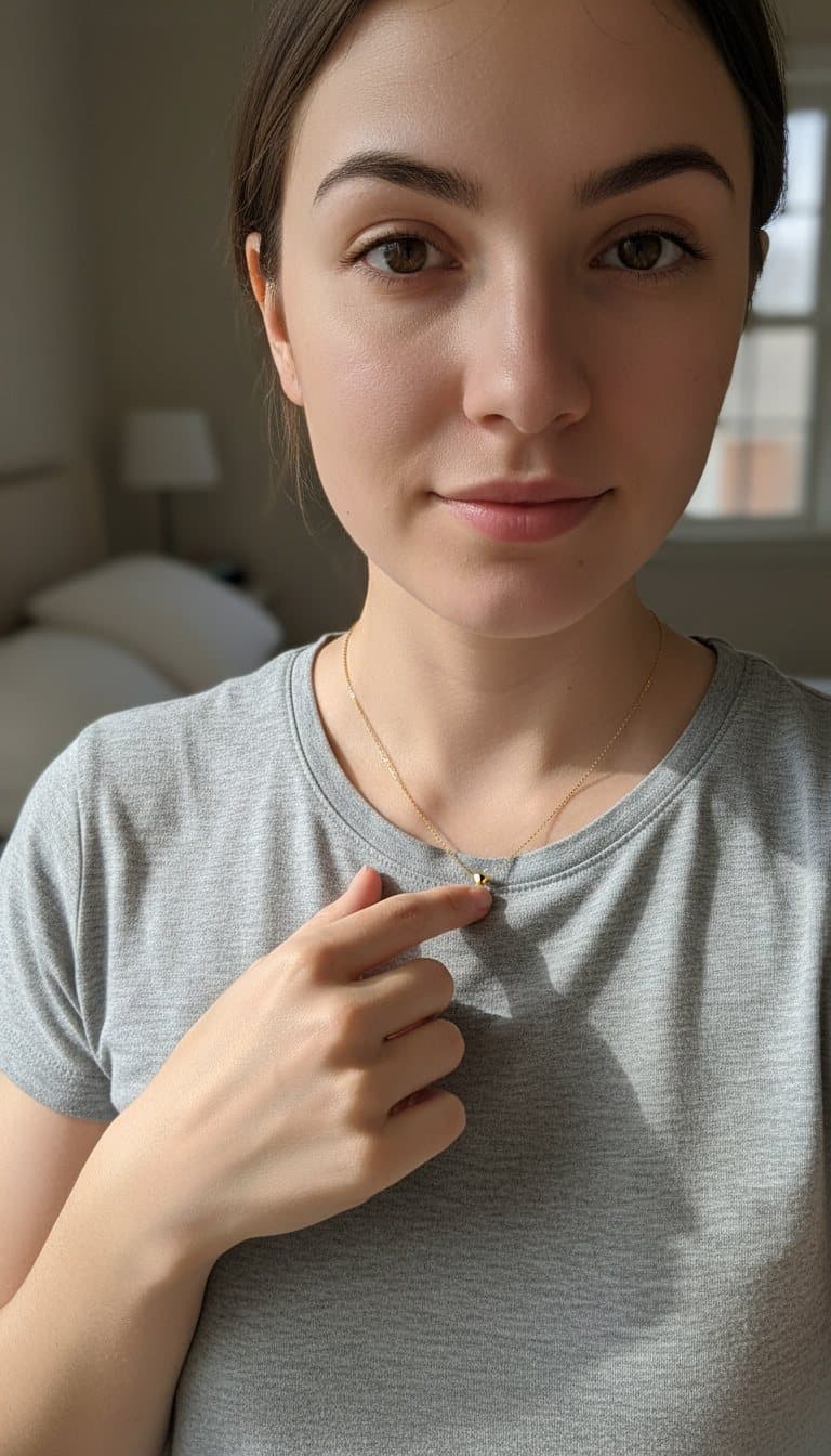 UGC-style ad: a woman in a grey tee touching the gold pendant at her neck