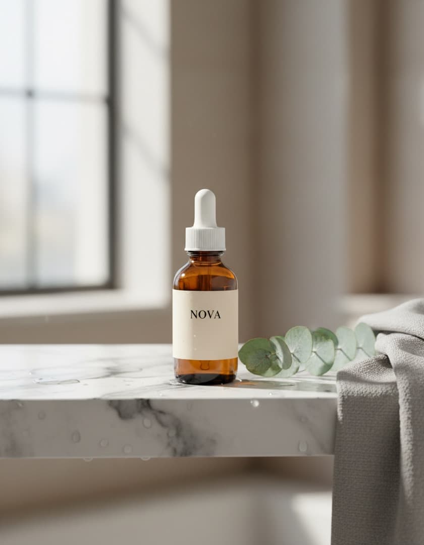 Lifestyle ad: the NOVA serum on a marble bathroom ledge next to eucalyptus and a towel
