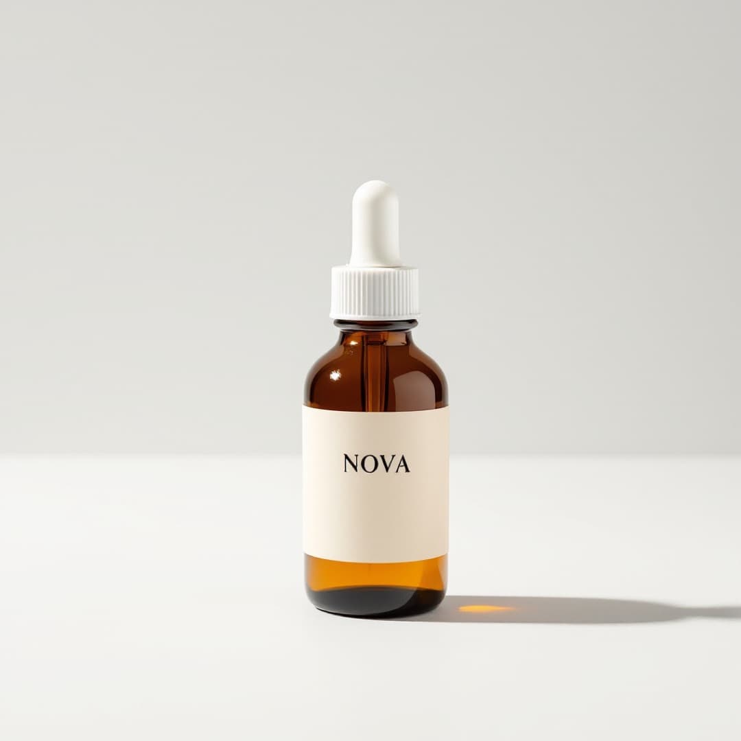 Plain product photo of an amber dropper bottle labelled NOVA on a white surface