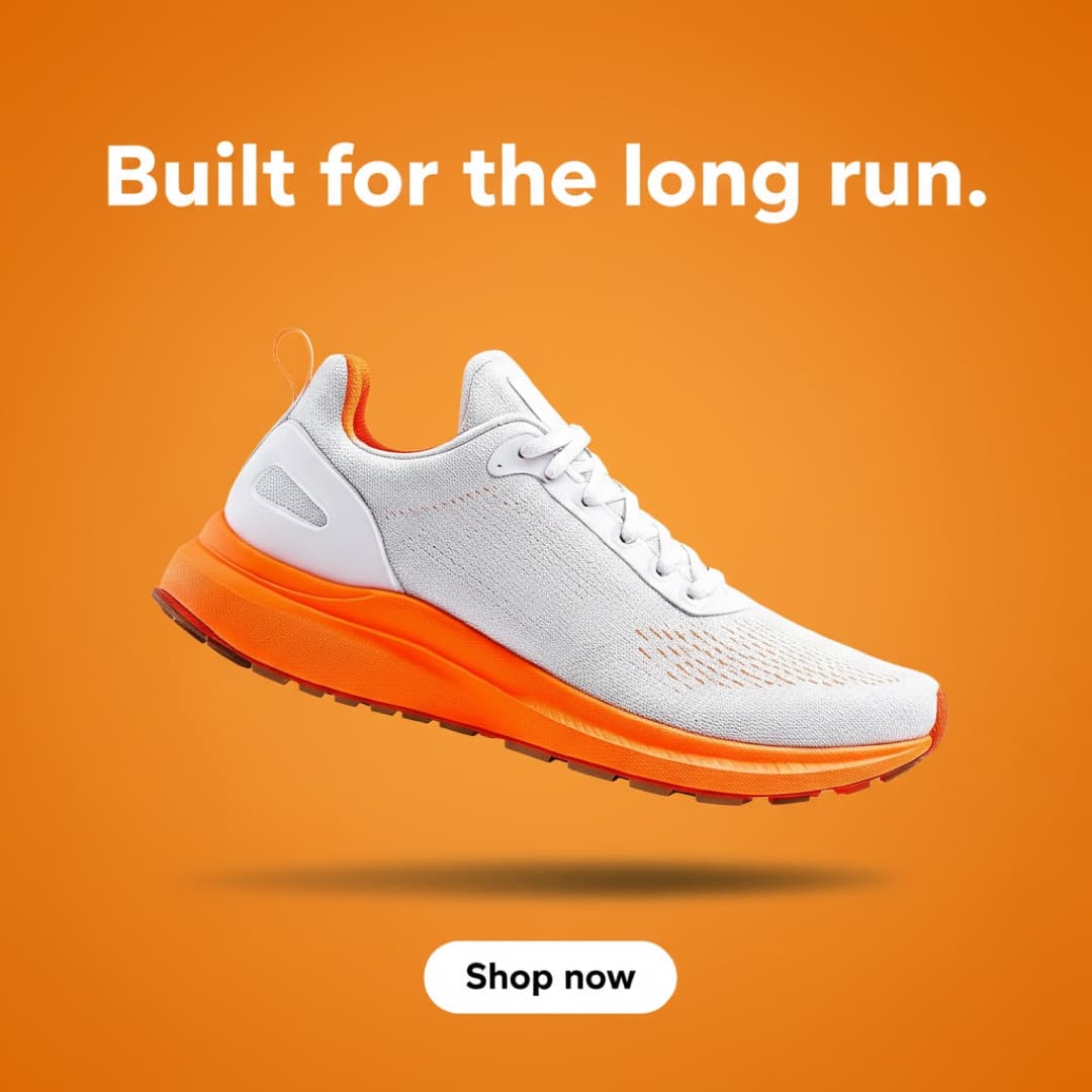 Feed ad: the shoe floating on orange with the headline Built for the long run