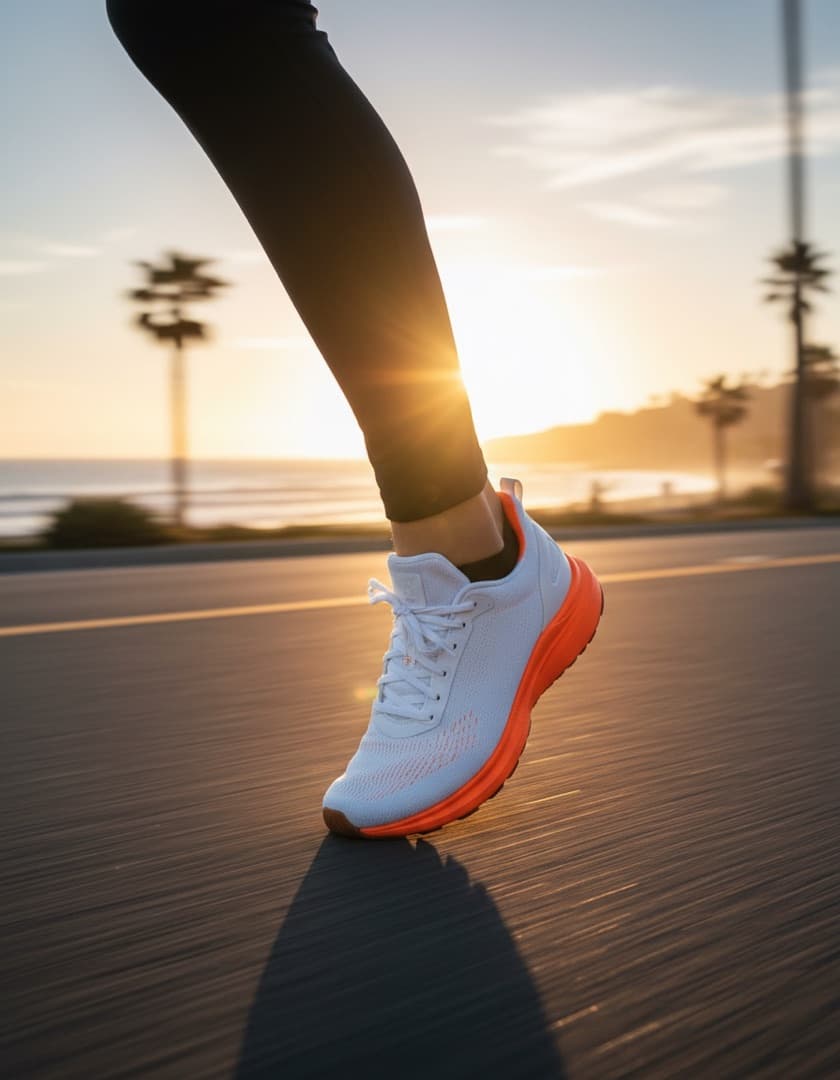 Lifestyle ad: a runner mid-stride on a seaside road at sunset wearing the white and orange shoe
