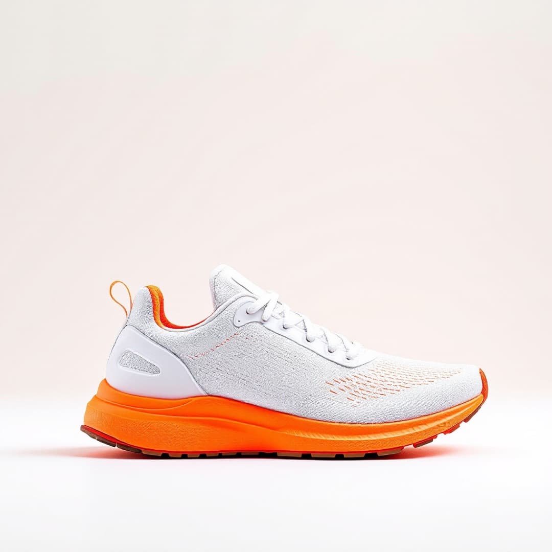 Plain product photo of a white running shoe with an orange sole