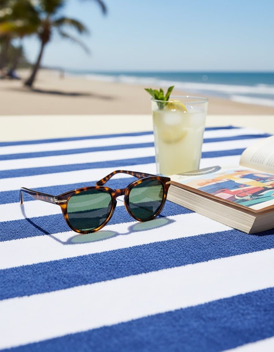 Lifestyle ad: the sunglasses on a striped beach towel beside a lemonade and a book