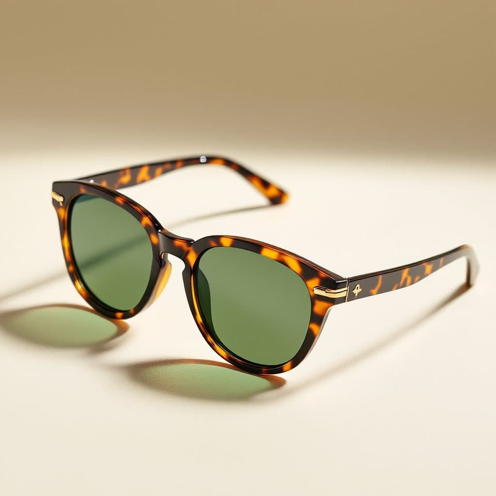 Plain product photo of tortoiseshell sunglasses with green lenses