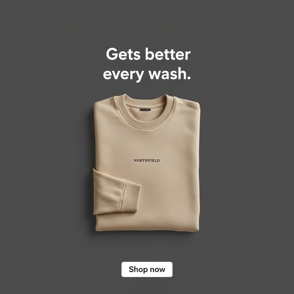 Feed ad: the folded sweatshirt on charcoal with the headline Gets better every wash