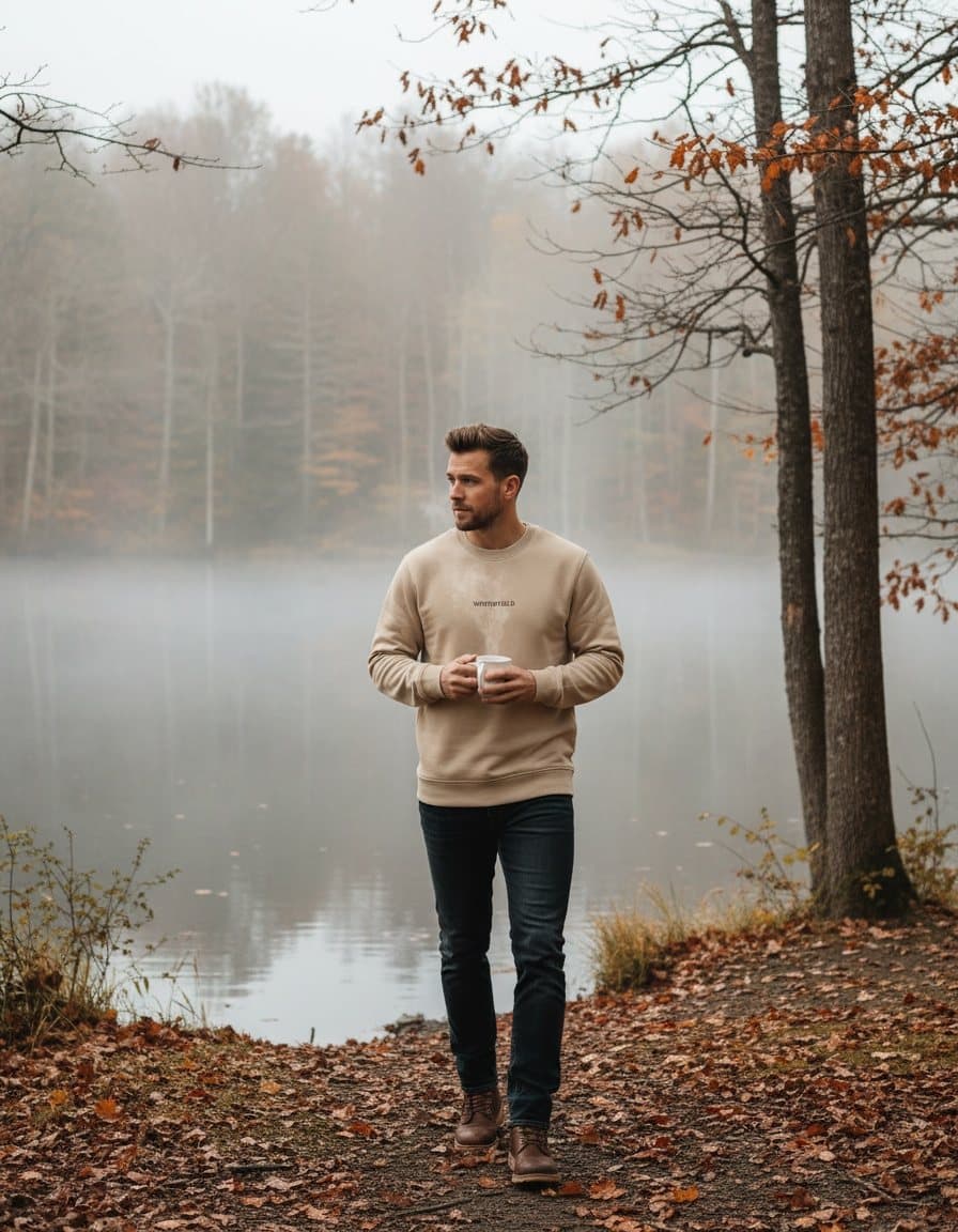 Lifestyle ad: a man in the beige sweatshirt holding a mug by a misty lake in autumn