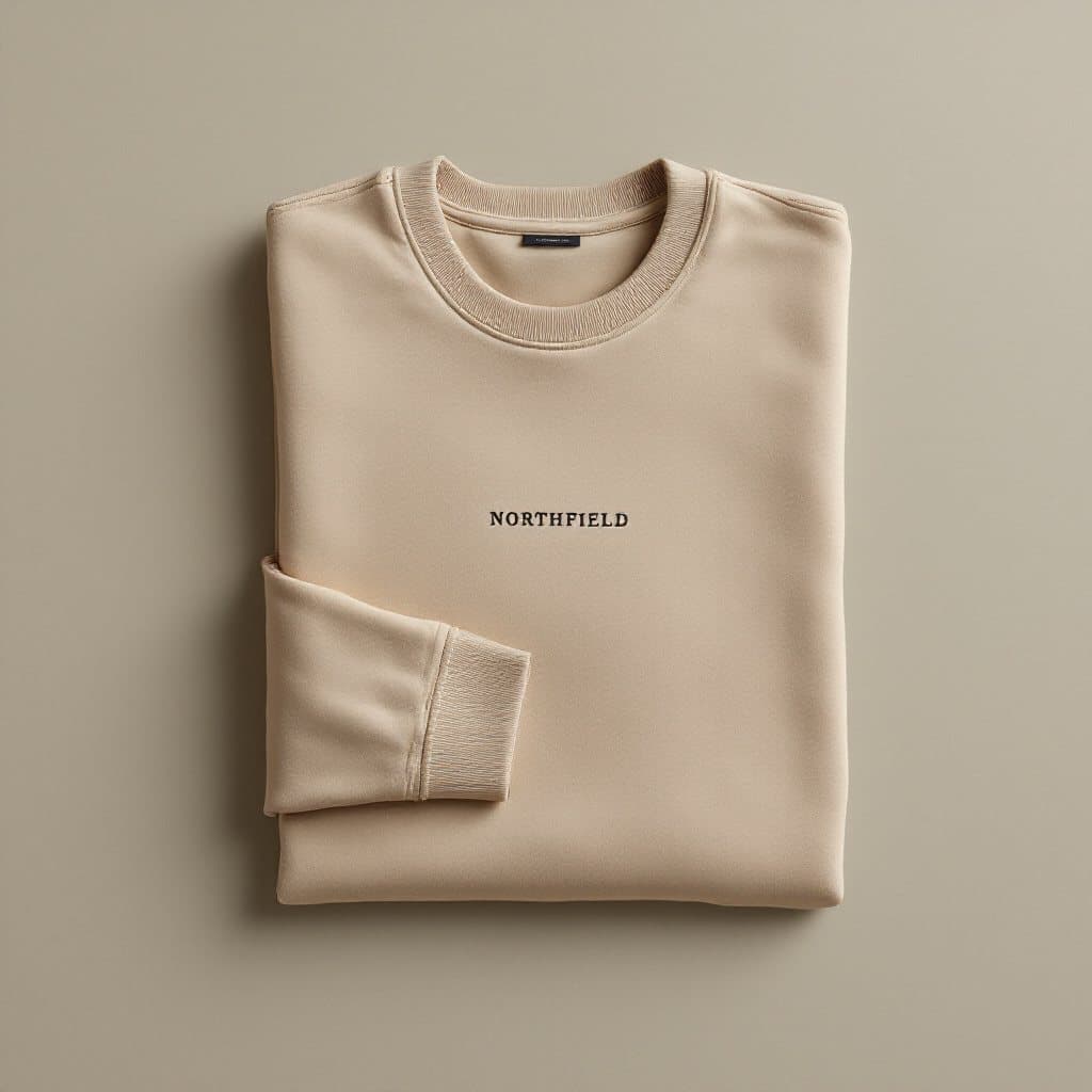 Plain product photo of a folded beige sweatshirt with a small NORTHFIELD wordmark