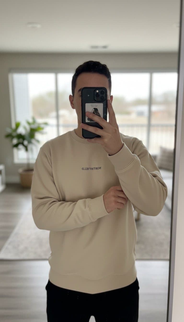 UGC-style ad: a man taking a mirror selfie in the beige sweatshirt