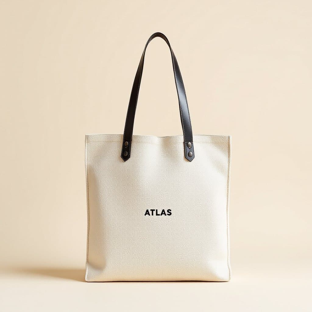 Plain product photo of a canvas tote with black leather handles labelled ATLAS