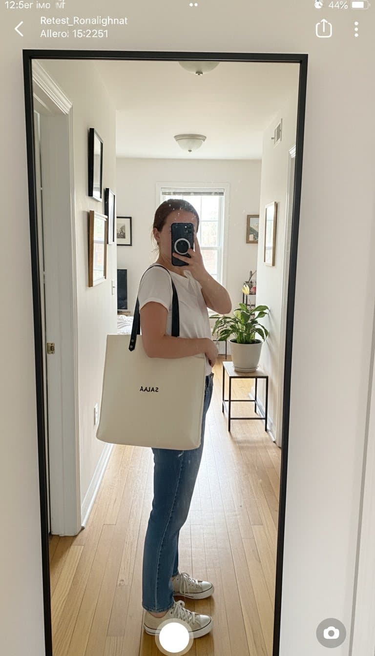 UGC-style ad: a woman taking a mirror selfie with the tote, logo reversed and garbled