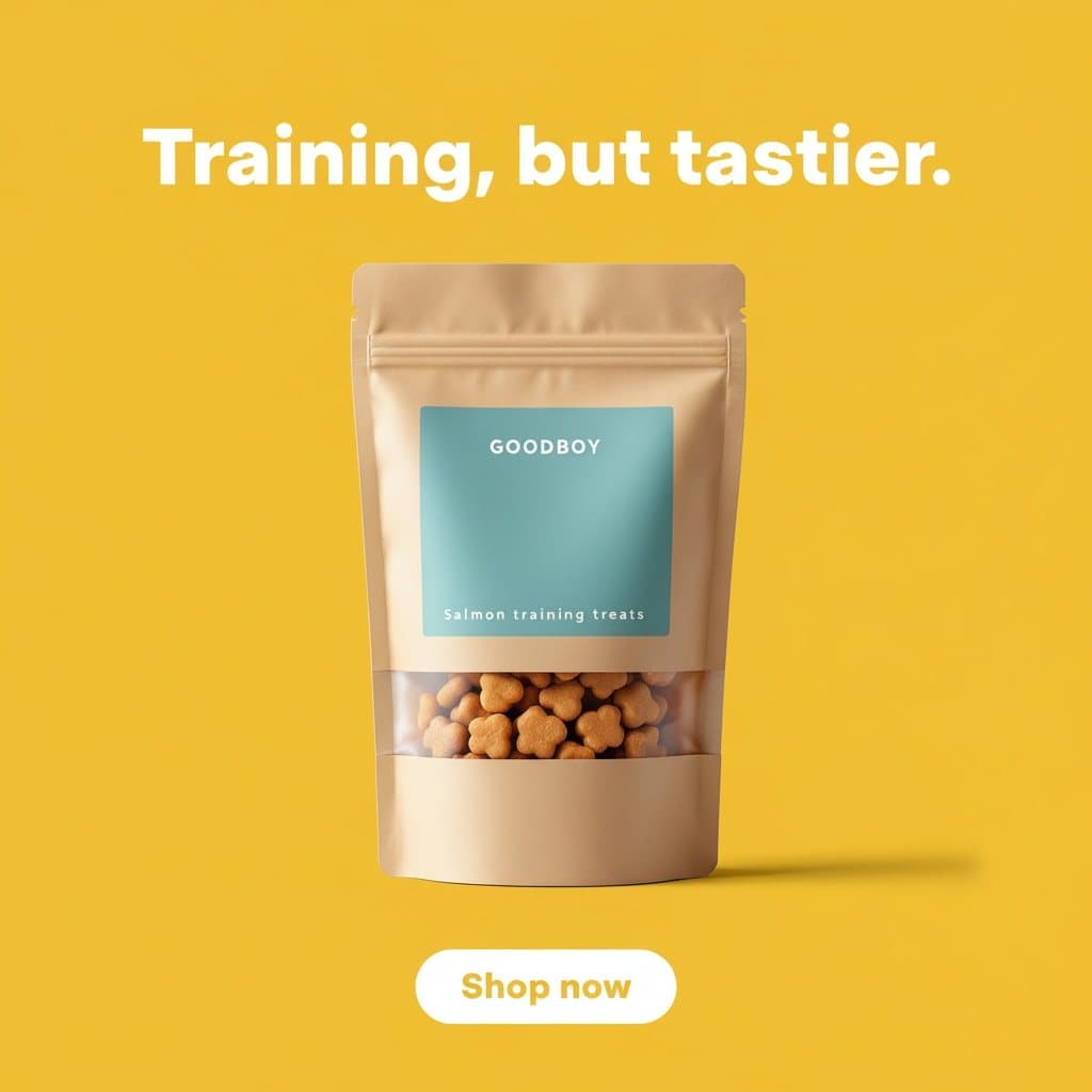 Static ad for GOODBOY treats with the headline Training, but tastier.