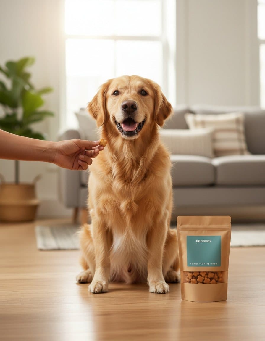 Lifestyle ad: a golden retriever sitting in a living room taking a treat, with the GOODBOY pouch beside it