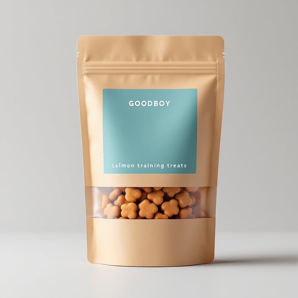 Plain product photo of a kraft pouch of GOODBOY salmon training treats