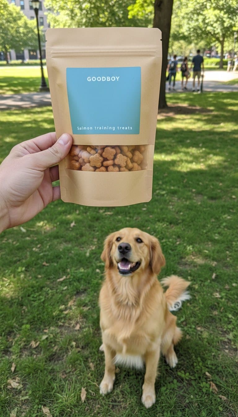 UGC-style ad: a hand holding the GOODBOY pouch in a park above a sitting golden retriever